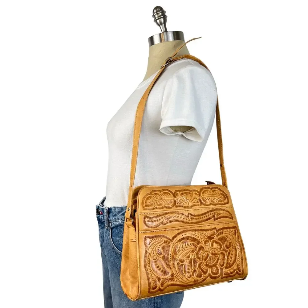 Vintage Tooled Embossed Floral Leather Western Style Shoulder Purse Bag
